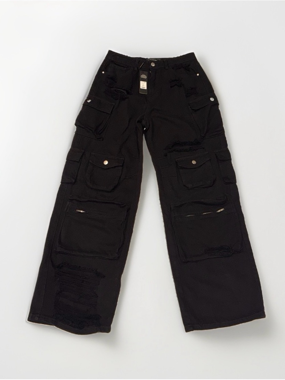 Fashion Nova Lily High-Rise Distressed Cargo Jeans Black, Size 9